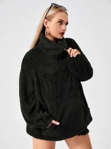 Calvaya Plus O-Ring Kangaroo Pocket Teddy Sweatshirt - Black - View 5