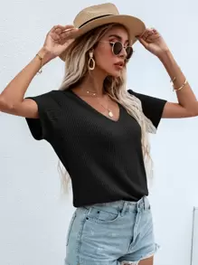SHEIN LUNE Waffle Knit V Neck Solid Tee - Black - View 1