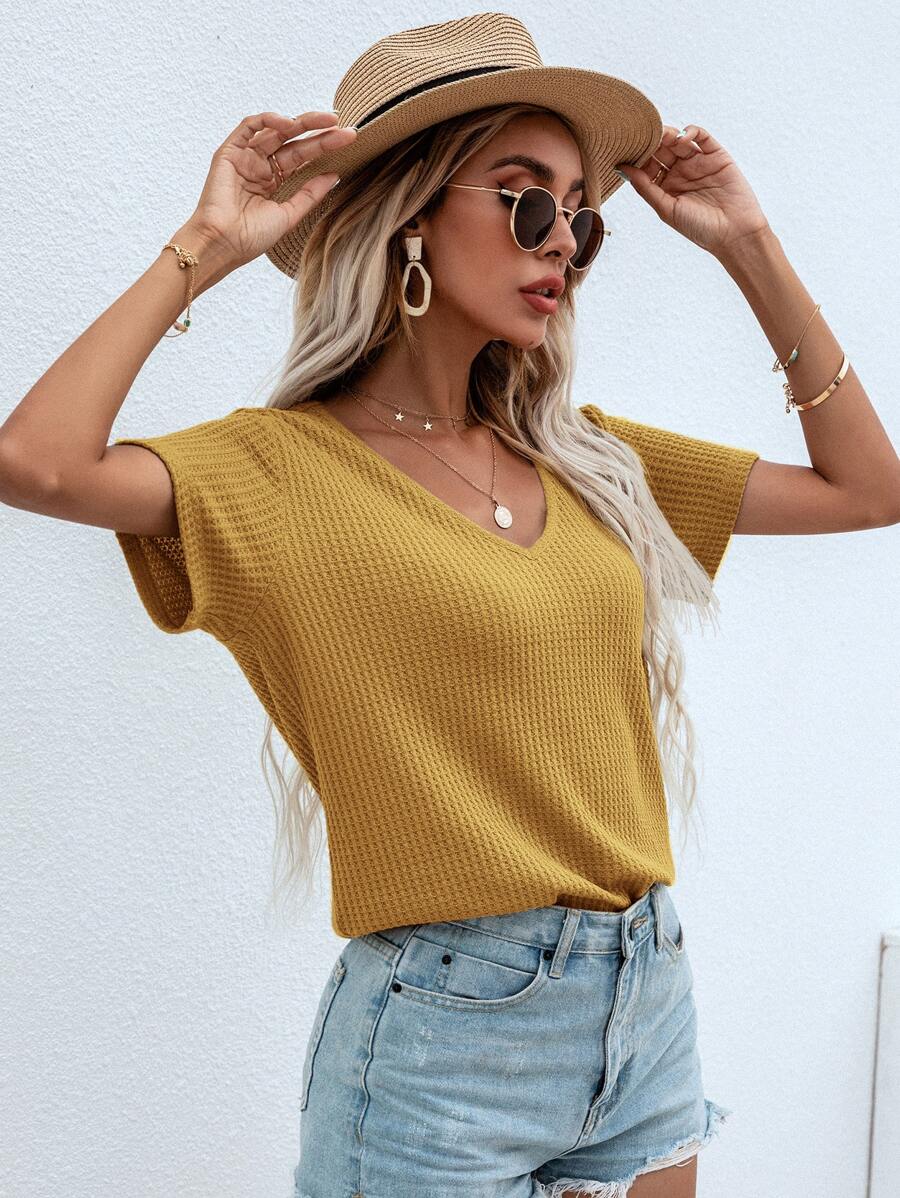 SHEIN LUNE Waffle Knit V Neck Solid Tee - Mustard Yellow - View 1