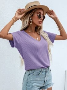 SHEIN LUNE 華夫格針織v領素色T恤 - 紫色 - 查看 1