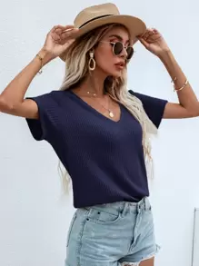 SHEIN LUNE Áo thun nữ màu trơn Giải trí - Màu xanh hải quân - Xem 1