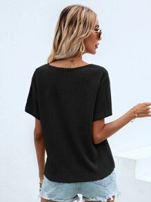 SHEIN LUNE Waffle Knit V Neck Solid Tee - Black - View 2
