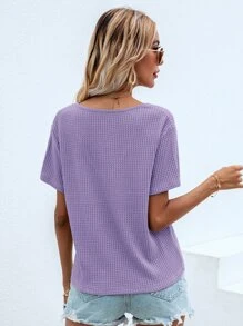 SHEIN LUNE 華夫格針織v領素色T恤 - 紫色 - 查看 2