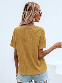 SHEIN LUNE Waffle Knit V Neck Solid Tee - Mustard Yellow - View 2