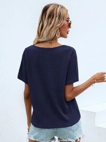 SHEIN LUNE Áo thun nữ màu trơn Giải trí - Màu xanh hải quân - Xem 2