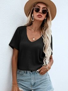 SHEIN LUNE Waffle Knit V Neck Solid Tee - Black - View 3
