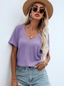 SHEIN LUNE 華夫格針織v領素色T恤 - 紫色 - 查看 3