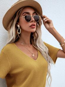 SHEIN LUNE Waffle Knit V Neck Solid Tee - Mustard Yellow - View 4