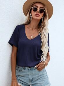 SHEIN LUNE Áo thun nữ màu trơn Giải trí - Màu xanh hải quân - Xem 3