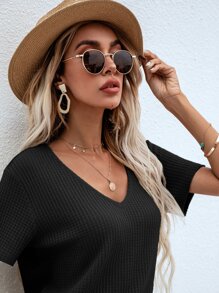SHEIN LUNE Waffle Knit V Neck Solid Tee - Black - View 4