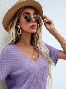 SHEIN LUNE 華夫格針織v領素色T恤 - 紫色 - 查看 4