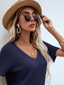 SHEIN LUNE Áo thun nữ màu trơn Giải trí - Màu xanh hải quân - Xem 4