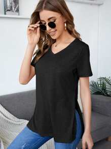 SHEIN Essnce v領側開衩素色T恤