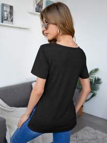 SHEIN Essnce v領側開衩素色T恤