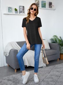 SHEIN Essnce v領側開衩素色T恤