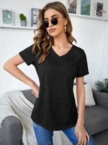 SHEIN Essnce v領側開衩素色T恤