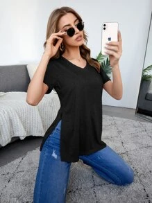 SHEIN Essnce v領側開衩素色T恤