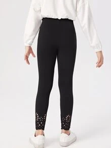SHEIN 女孩鏤空貝殼邊緊身打底褲 - 黑色 - 查看 2