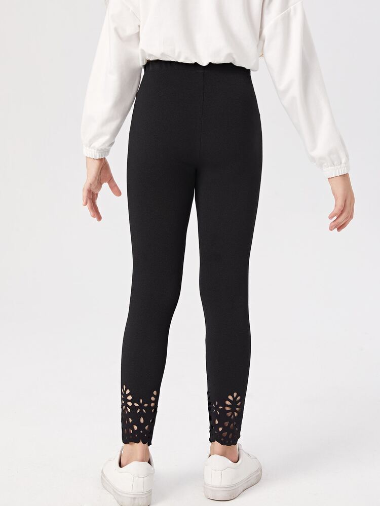 SHEIN 女孩鏤空貝殼邊緊身打底褲 - 黑色 - 查看 2