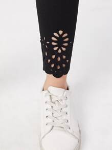 SHEIN 女孩鏤空貝殼邊緊身打底褲 - 黑色 - 查看 3