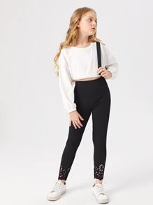 SHEIN 女孩鏤空貝殼邊緊身打底褲 - 黑色 - 查看 5