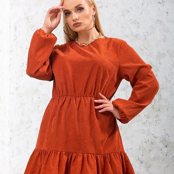 

Plus Lantern Sleeve Ruffle Hem Dress, Burnt orange