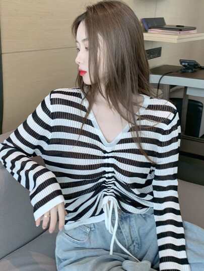 Contrast Stripe Drawstring Front Sweater