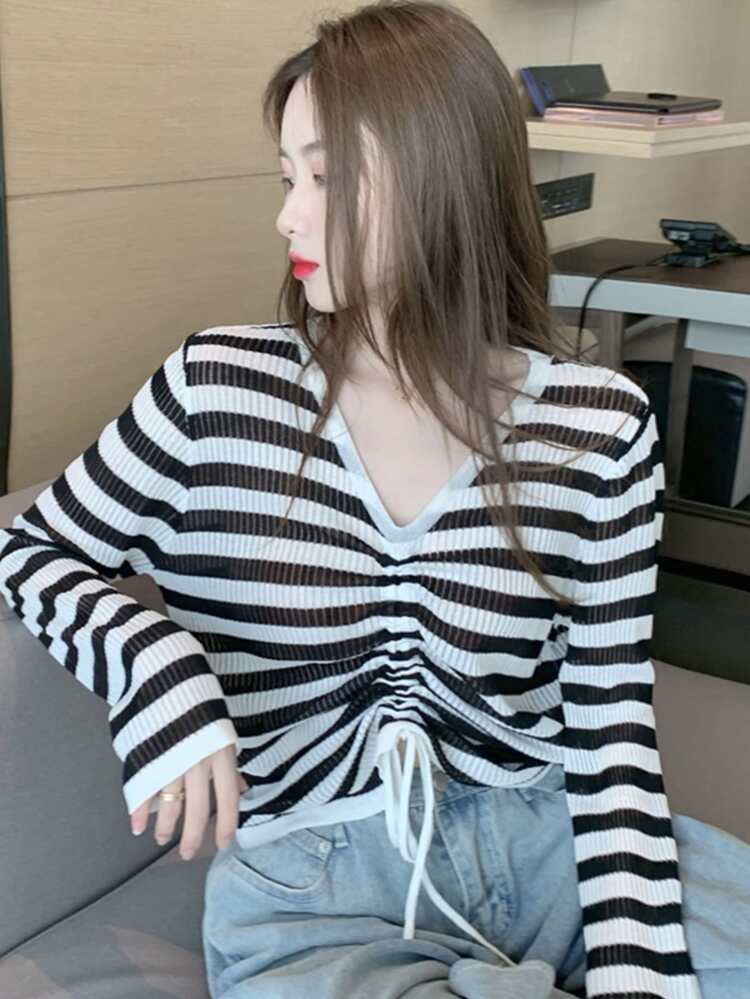 Contrast Stripe Drawstring Front Sweater - Black and White - View 1