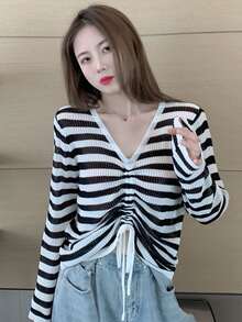 Contrast Stripe Drawstring Front Sweater - Black and White - View 2