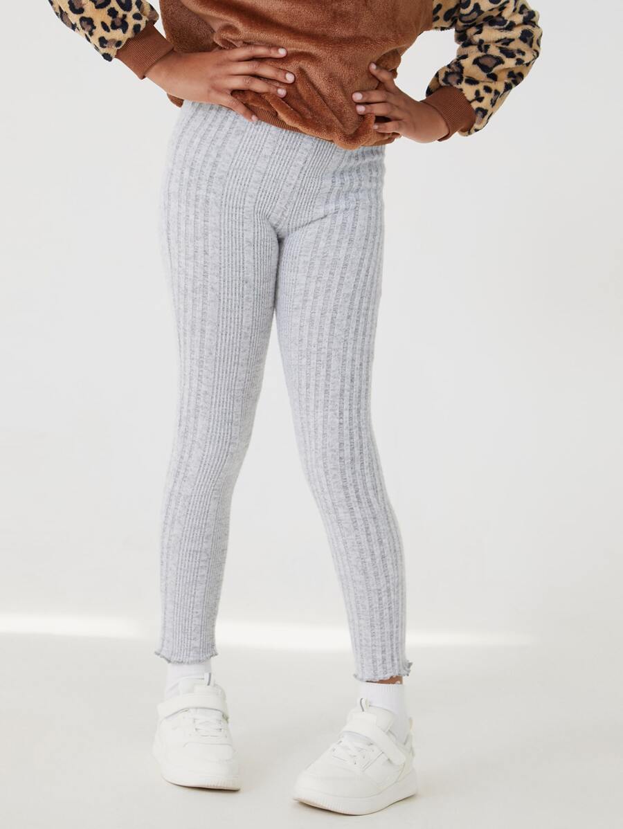 SHEIN Girls Lettuce Trim Rib-knit Leggings - Light Grey - View 1