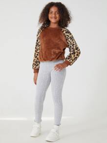 SHEIN Girls Lettuce Trim Rib-knit Leggings - Light Grey - View 3