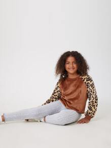 SHEIN Girls Lettuce Trim Rib-knit Leggings - Light Grey - View 5