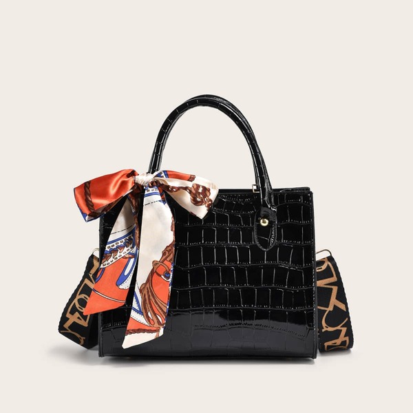 

Twilly Scarf Decor Croc Embossed Satchel Bag, Black