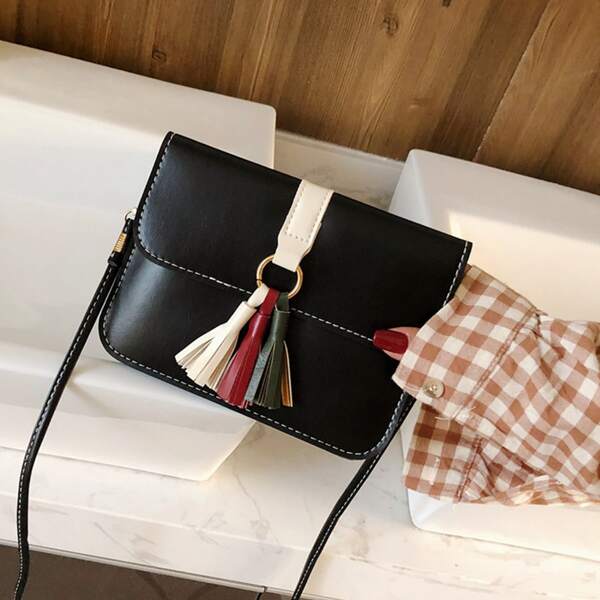 

Tassel Decor Flap Crossbody Bag, Black