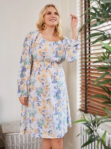 大碼滿身花卉打褶後綁帶A字洋裝