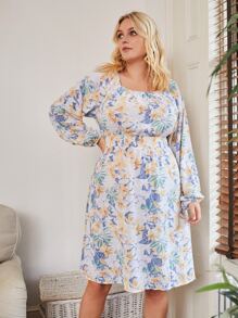 大碼滿身花卉打褶後綁帶A字洋裝