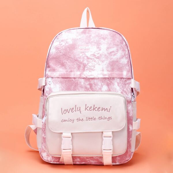 

Girls Tie Dye Pattern Letter Graphic Classic Backpack, Pink