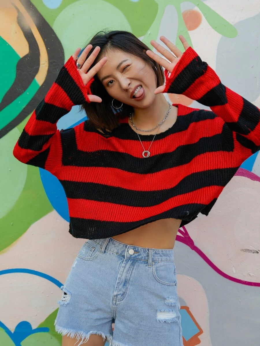 ROMWE Street Life เสื้อกันหนาว ลายทาง ขาด - มัลติคัลเลอร์ - ดู 1