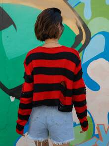 ROMWE Street Life เสื้อกันหนาว ลายทาง ขาด - มัลติคัลเลอร์ - ดู 2