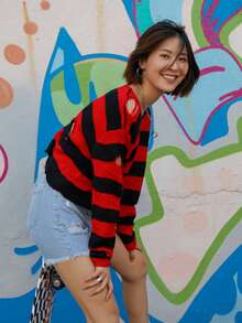 ROMWE Street Life เสื้อกันหนาว ลายทาง ขาด - มัลติคัลเลอร์ - ดู 3