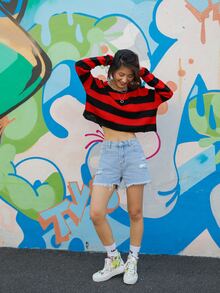 ROMWE Street Life เสื้อกันหนาว ลายทาง ขาด - มัลติคัลเลอร์ - ดู 4