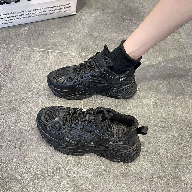Lace-up Front Mesh Panel Chunky Shoes, Black