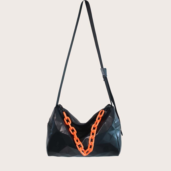 

Men Geo Graphic Chain Crossbody Bag, Black