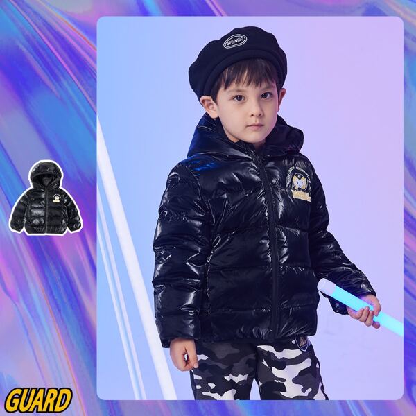 

Toddler Boys Cartoon & Letter Graphic Hooded Down Coat, Black