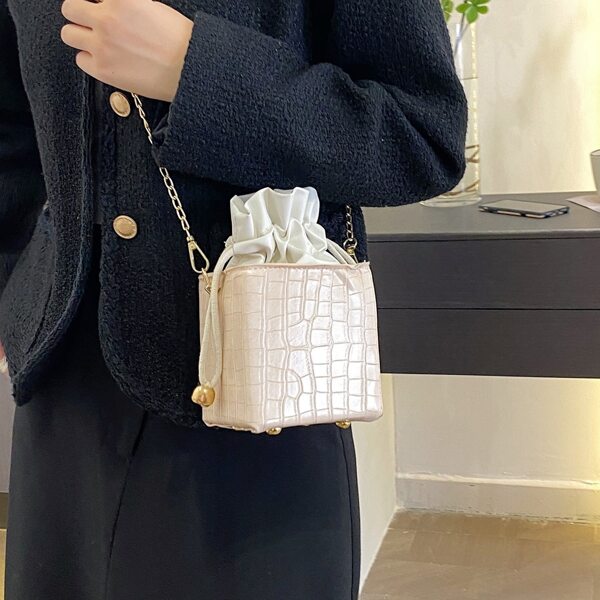 

Mini Croc Embossed Drawstring Bucket Bag, Beige