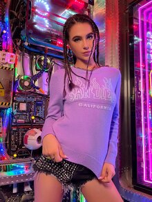 PUNK 字母和火焰圖案套頭毛衣 - 紫色 - 查看 3