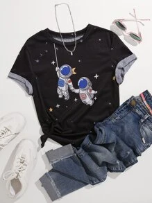 SHEIN Unity Áo thun Plus size Hoạt hình Giải trí - màu đen - Xem 1