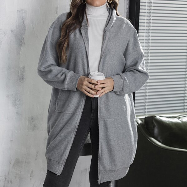 

Plus Solid Drop Shoulder Zip Front Hoodie, Grey