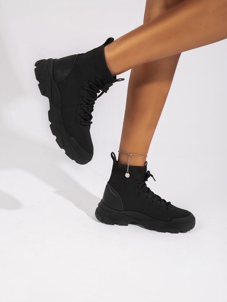 Fashion Boots, Women's Splicing Design Front Tie Socks Boots - Black - View 2