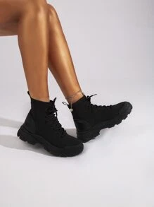 Fashion Boots, Women's Splicing Design Front Tie Socks Boots - Black - View 3